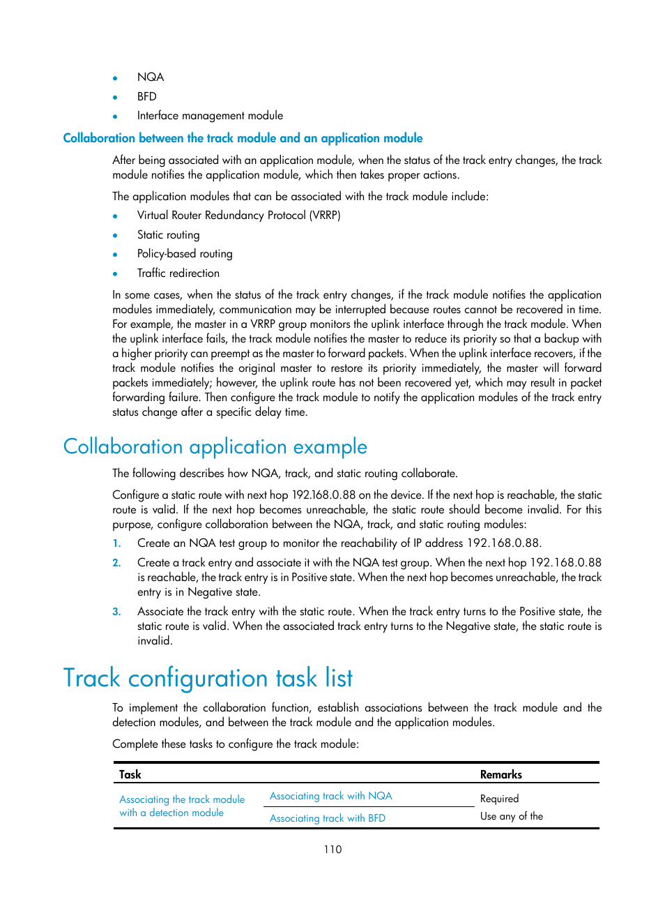 Collaboration application example, Track configuration task list | H3C Technologies H3C SR8800 User Manual | Page 119 / 149