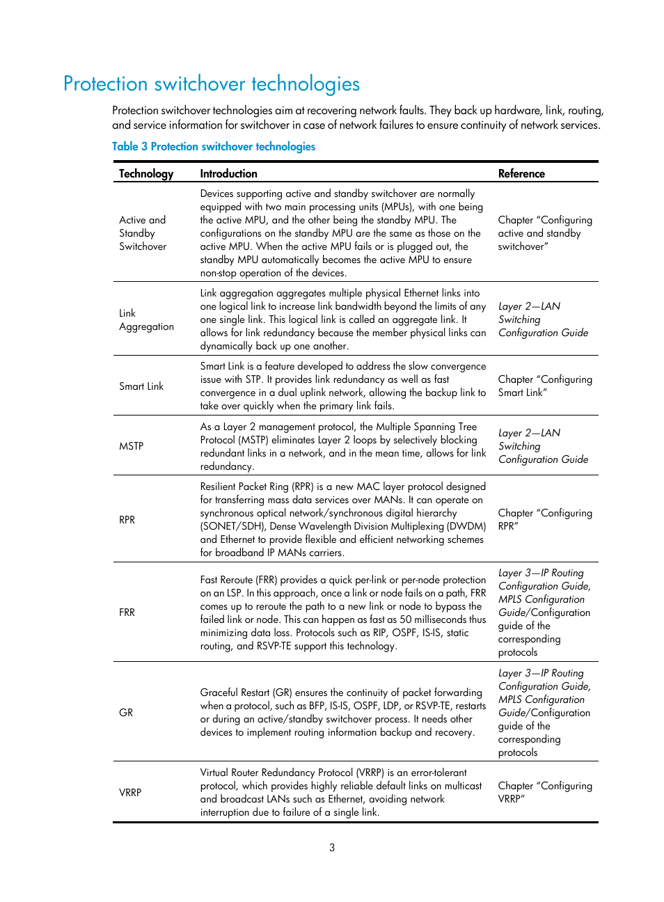 Protection switchover technologies | H3C Technologies H3C SR8800 User Manual | Page 12 / 149