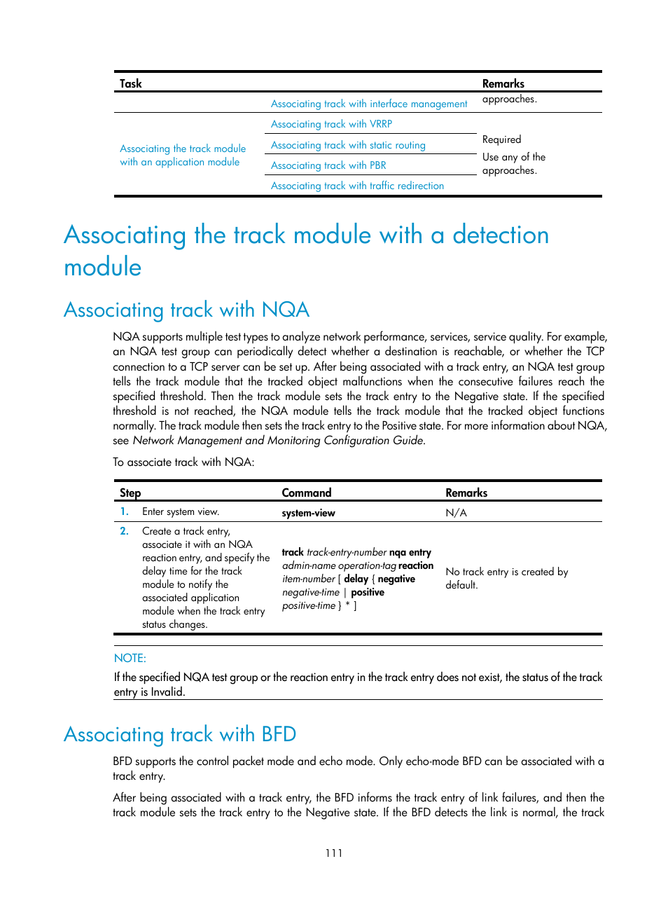 Associating track with nqa, Associating track with bfd | H3C Technologies H3C SR8800 User Manual | Page 120 / 149