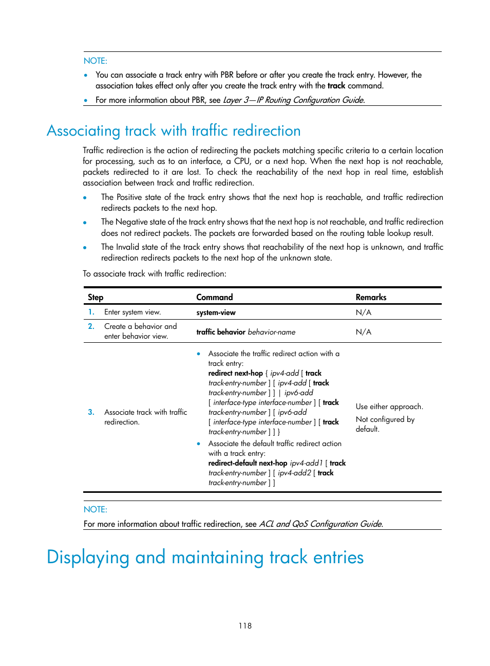Associating track with traffic redirection, Displaying and maintaining track entries | H3C Technologies H3C SR8800 User Manual | Page 127 / 149