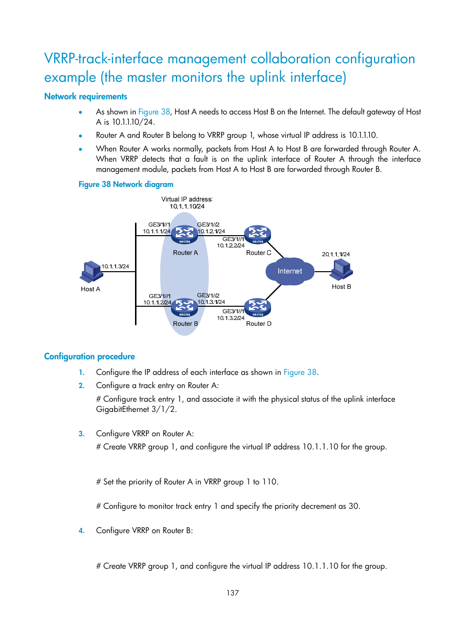 Network requirements, Configuration procedure | H3C Technologies H3C SR8800 User Manual | Page 146 / 149