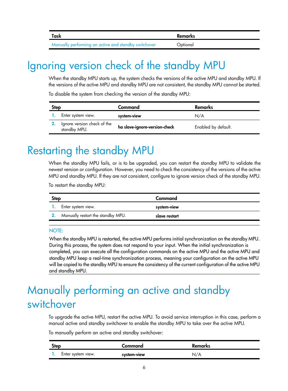 Ignoring version check of the standby mpu, Restarting the standby mpu | H3C Technologies H3C SR8800 User Manual | Page 15 / 149