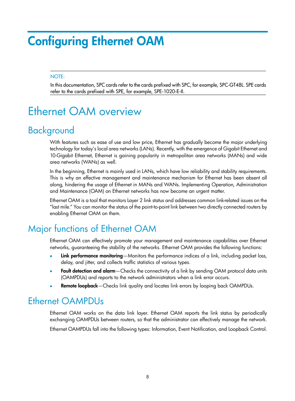 Configuring ethernet oam, Ethernet oam overview, Background | Major functions of ethernet oam, Ethernet oampdus | H3C Technologies H3C SR8800 User Manual | Page 17 / 149