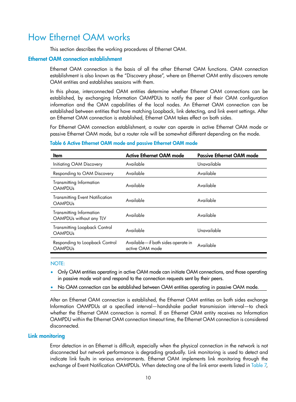 How ethernet oam works, Ethernet oam connection establishment, Link monitoring | H3C Technologies H3C SR8800 User Manual | Page 19 / 149