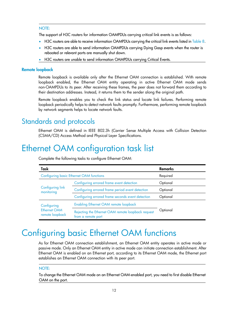Remote loopback, Standards and protocols, Ethernet oam configuration task list | Configuring basic ethernet oam functions | H3C Technologies H3C SR8800 User Manual | Page 21 / 149
