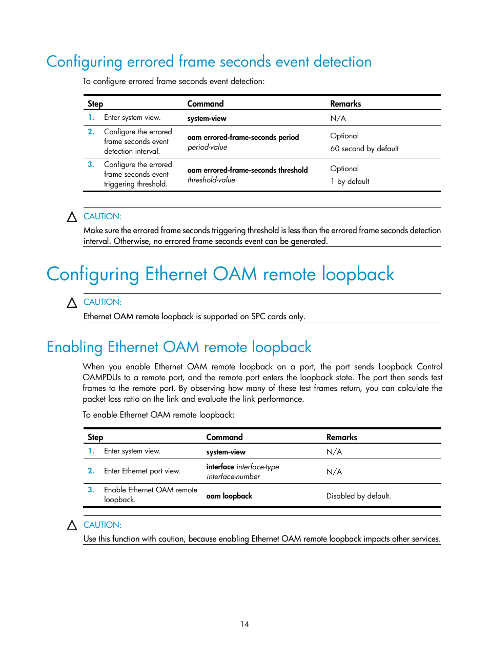 Configuring errored frame seconds event detection, Configuring ethernet oam remote loopback, Enabling ethernet oam remote loopback | Configuring ethernet oam, Remote loopback | H3C Technologies H3C SR8800 User Manual | Page 23 / 149