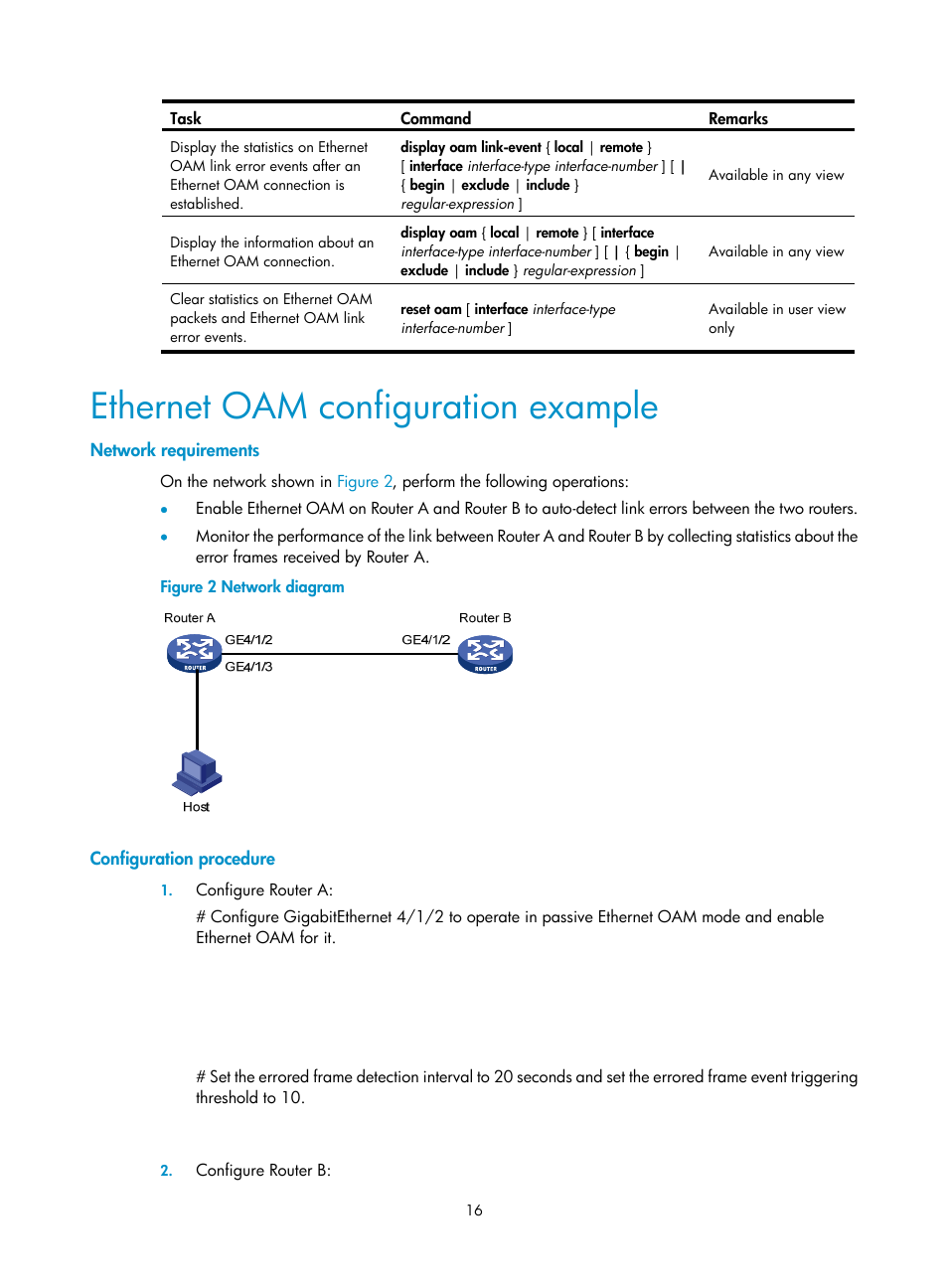 Ethernet oam configuration example, Network requirements, Configuration procedure | H3C Technologies H3C SR8800 User Manual | Page 25 / 149
