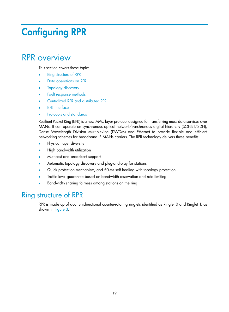 Configuring rpr, Rpr overview, Ring structure of rpr | H3C Technologies H3C SR8800 User Manual | Page 28 / 149