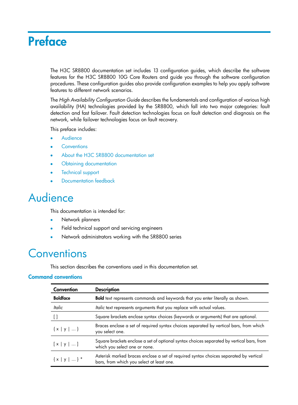 Preface, Audience, Conventions | Command conventions | H3C Technologies H3C SR8800 User Manual | Page 3 / 149