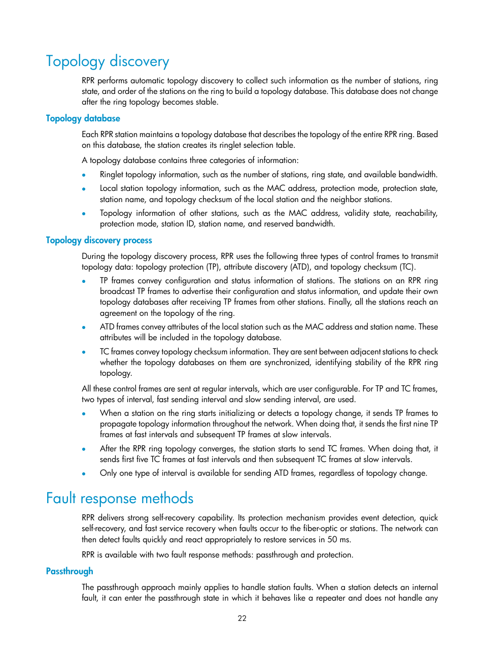 Topology discovery, Topology database, Topology discovery process | Fault response methods, Passthrough | H3C Technologies H3C SR8800 User Manual | Page 31 / 149