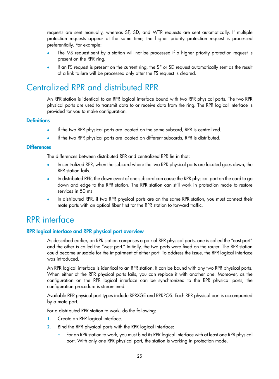 Centralized rpr and distributed rpr, Definitions, Differences | Rpr interface | H3C Technologies H3C SR8800 User Manual | Page 34 / 149