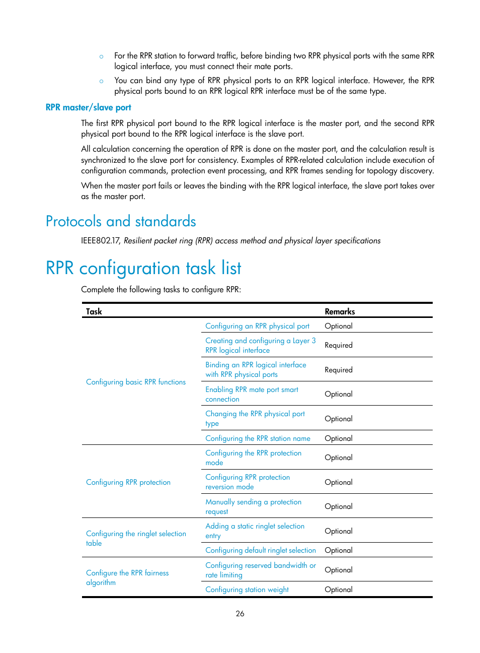 Rpr master/slave port, Protocols and standards, Rpr configuration task list | H3C Technologies H3C SR8800 User Manual | Page 35 / 149