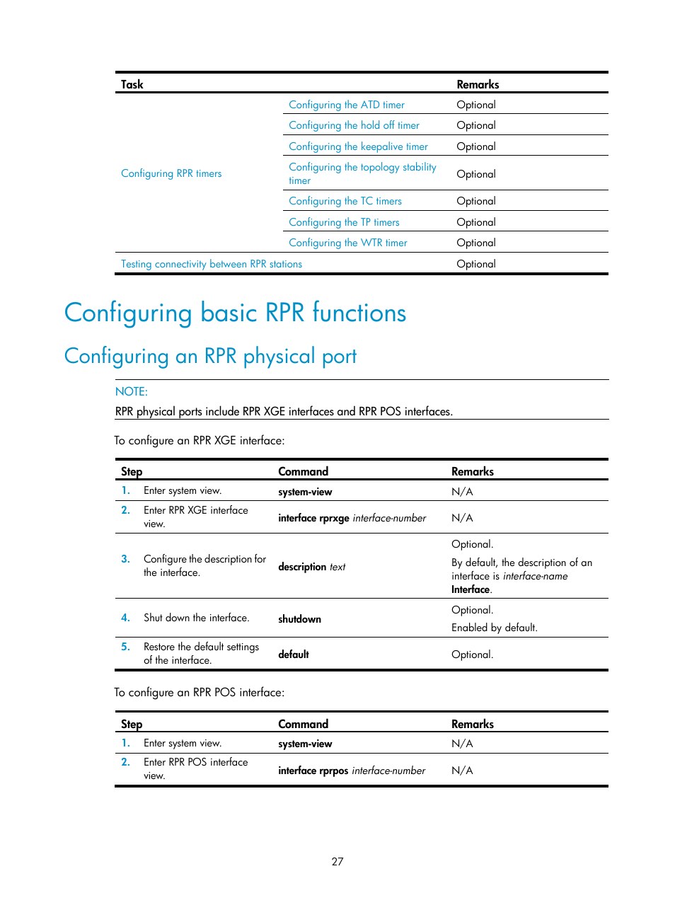 Configuring basic rpr functions, Configuring an rpr physical port | H3C Technologies H3C SR8800 User Manual | Page 36 / 149