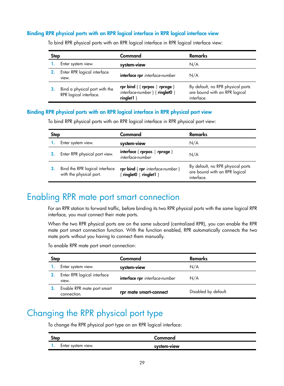 Enabling rpr mate port smart connection, Changing the rpr physical port type | H3C Technologies H3C SR8800 User Manual | Page 38 / 149