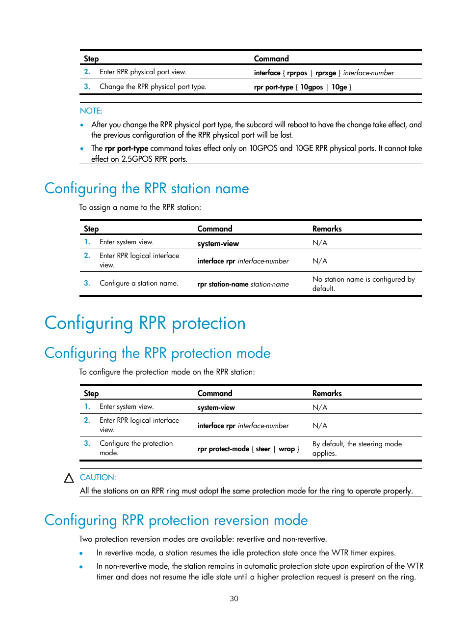 Configuring the rpr station name, Configuring rpr protection, Configuring the rpr protection mode | Configuring rpr protection reversion mode | H3C Technologies H3C SR8800 User Manual | Page 39 / 149