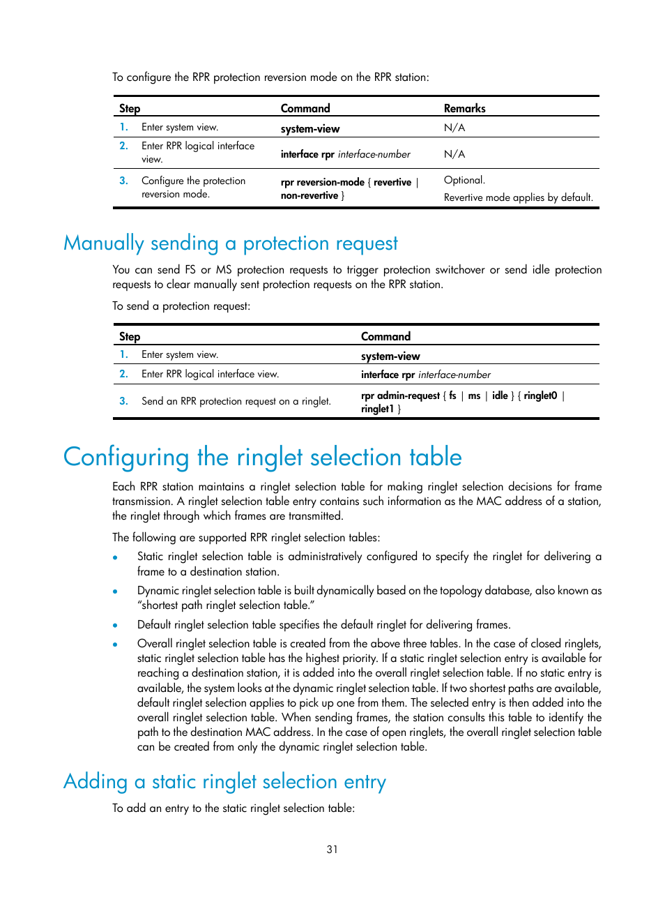 Manually sending a protection request, Configuring the ringlet selection table, Adding a static ringlet selection entry | H3C Technologies H3C SR8800 User Manual | Page 40 / 149
