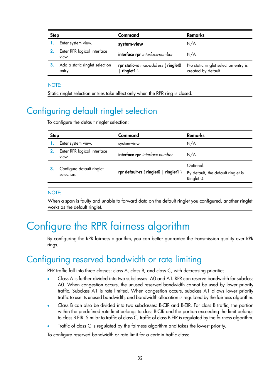 Configuring default ringlet selection, Configure the rpr fairness algorithm, Configuring reserved bandwidth or rate limiting | H3C Technologies H3C SR8800 User Manual | Page 41 / 149