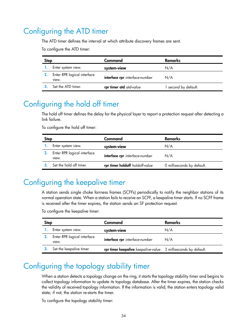 Configuring the atd timer, Configuring the hold off timer, Configuring the keepalive timer | Configuring the topology stability timer | H3C Technologies H3C SR8800 User Manual | Page 43 / 149