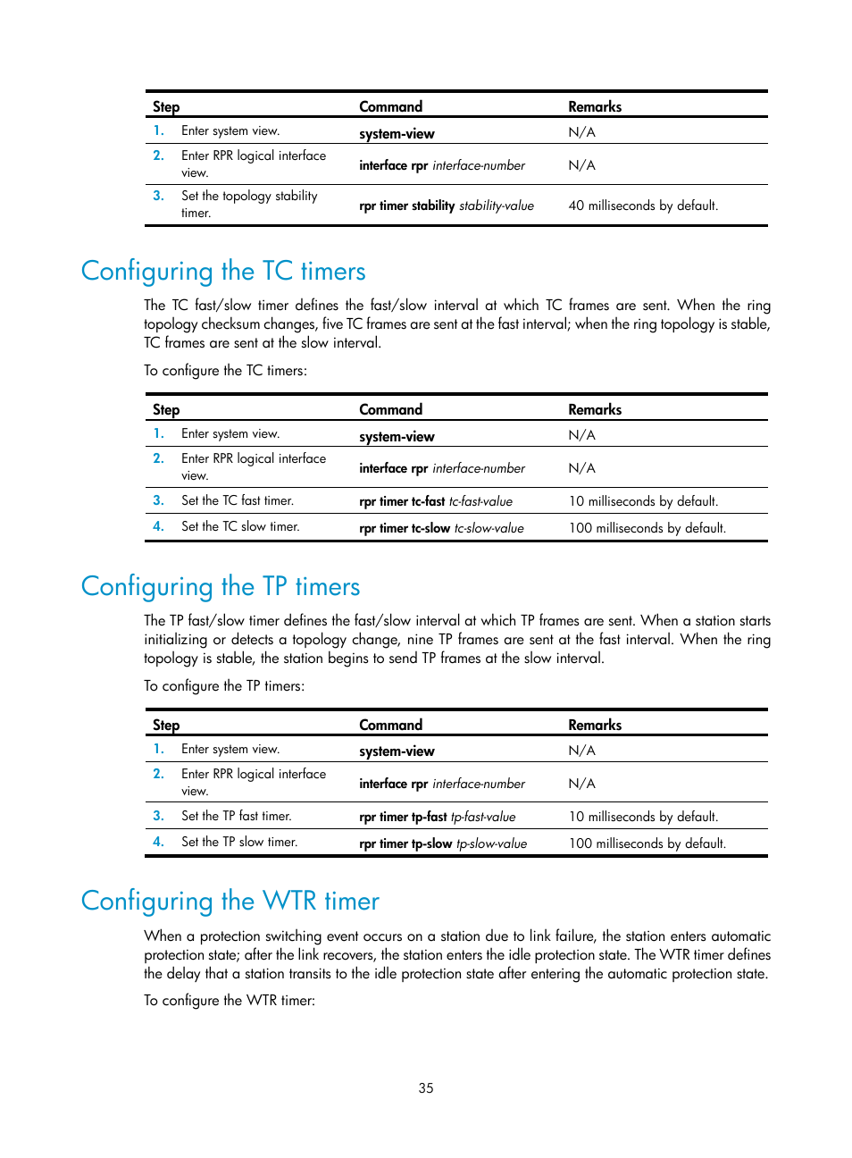 Configuring the tc timers, Configuring the tp timers, Configuring the wtr timer | H3C Technologies H3C SR8800 User Manual | Page 44 / 149