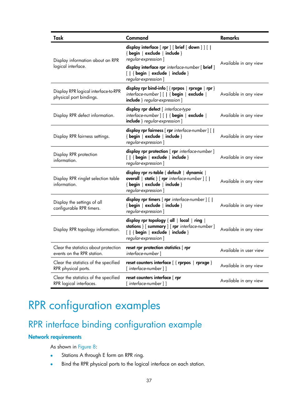 Rpr configuration examples, Rpr interface binding configuration example, Network requirements | H3C Technologies H3C SR8800 User Manual | Page 46 / 149