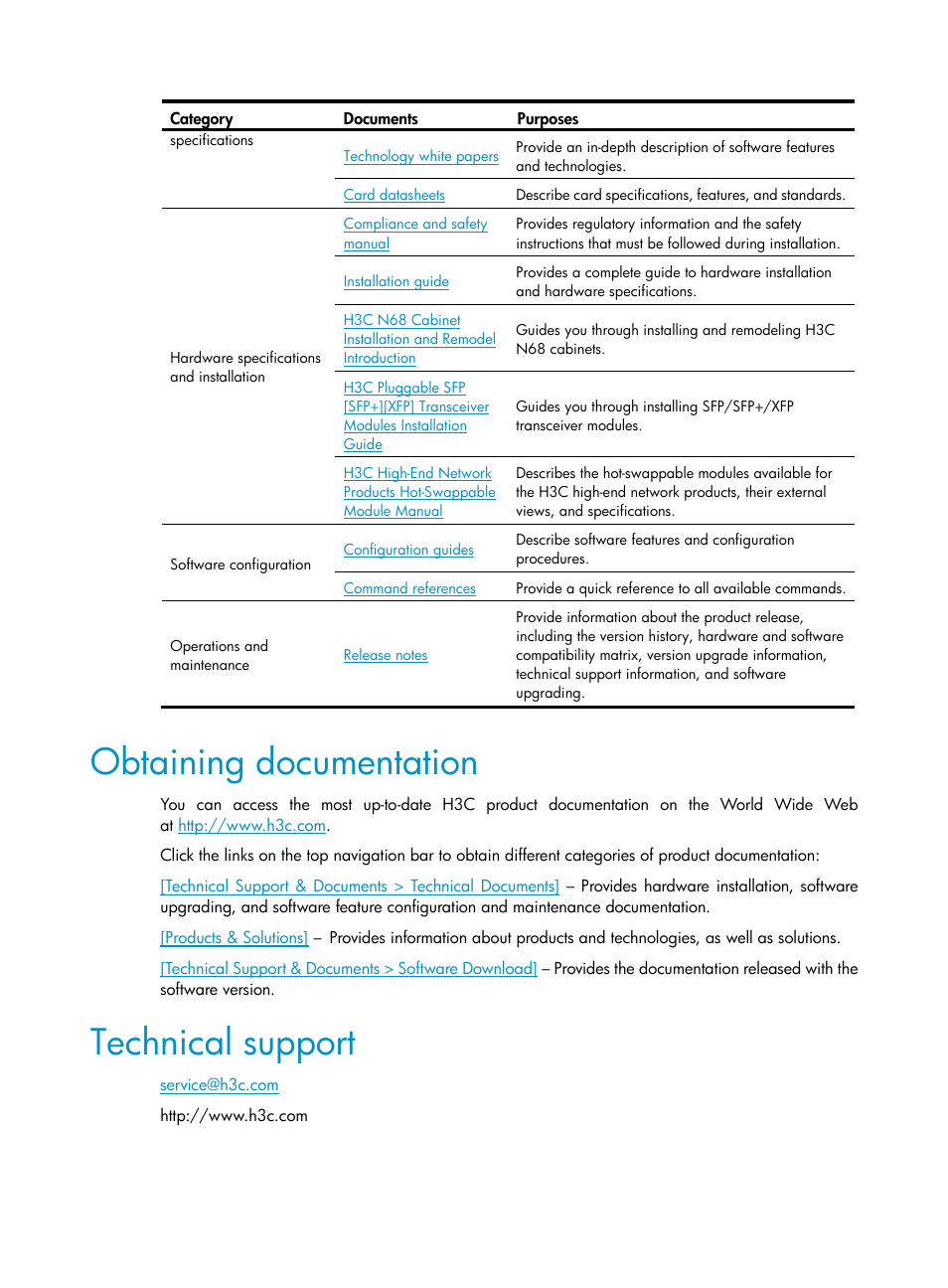 Obtaining documentation, Technical support | H3C Technologies H3C SR8800 User Manual | Page 5 / 149