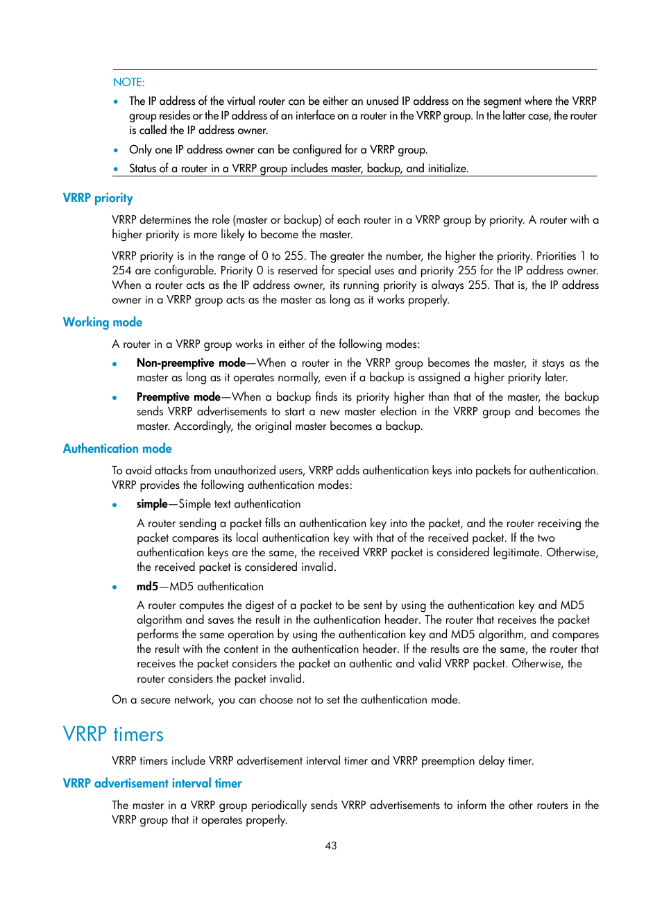 Vrrp priority, Working mode, Authentication mode | Vrrp timers, Vrrp advertisement interval timer | H3C Technologies H3C SR8800 User Manual | Page 52 / 149