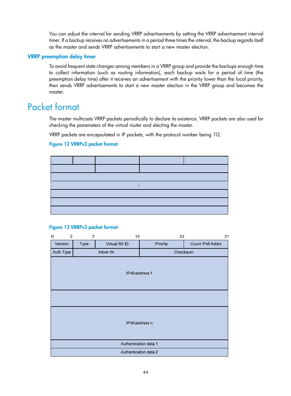 Vrrp preemption delay timer, Packet format | H3C Technologies H3C SR8800 User Manual | Page 53 / 149