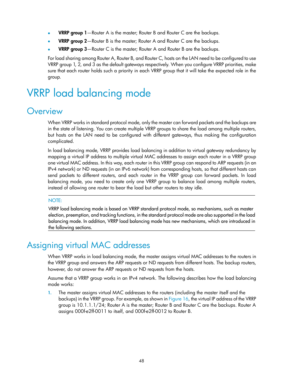 Vrrp load balancing mode, Overview, Assigning virtual mac addresses | H3C Technologies H3C SR8800 User Manual | Page 57 / 149