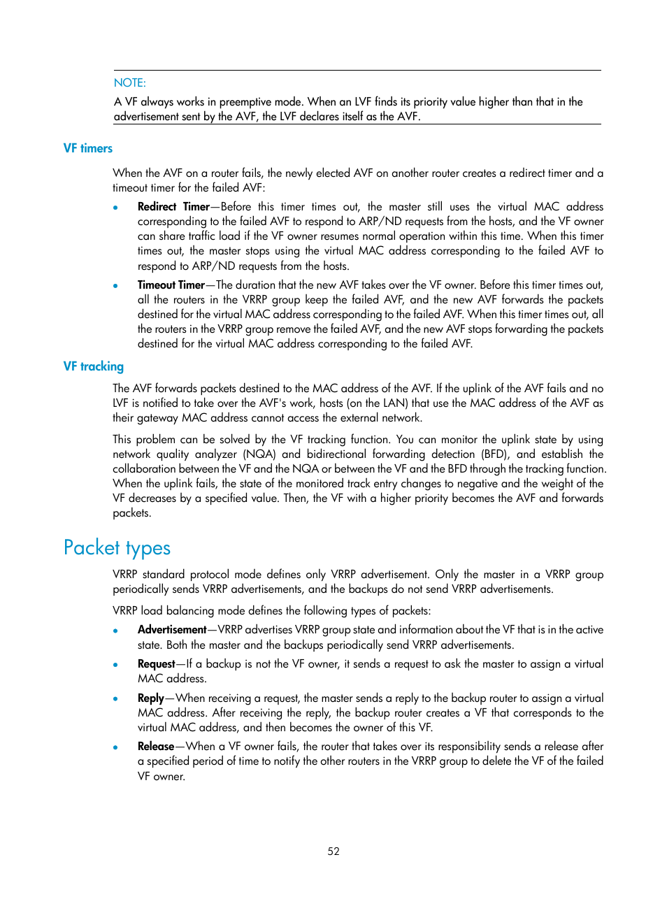 Vf timers, Vf tracking, Packet types | H3C Technologies H3C SR8800 User Manual | Page 61 / 149