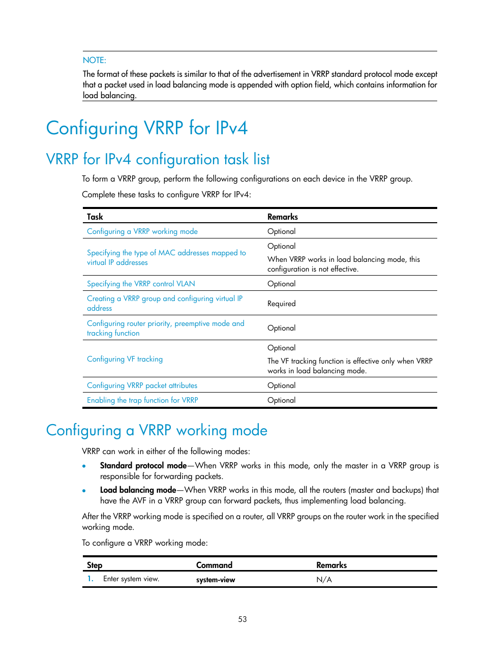 Configuring vrrp for ipv4, Vrrp for ipv4 configuration task list, Configuring a vrrp working mode | H3C Technologies H3C SR8800 User Manual | Page 62 / 149