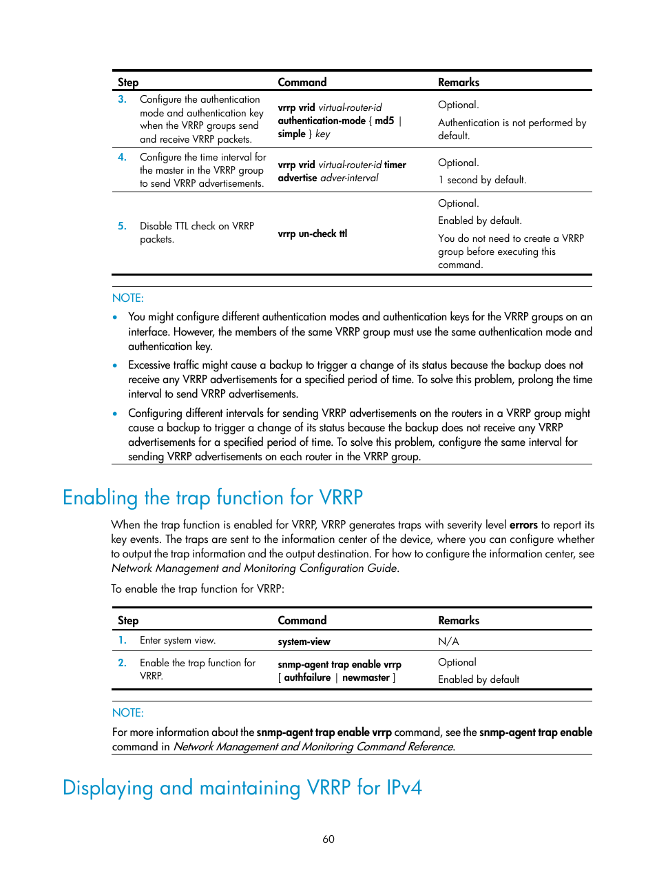 Enabling the trap function for vrrp, Displaying and maintaining vrrp for ipv4 | H3C Technologies H3C SR8800 User Manual | Page 69 / 149