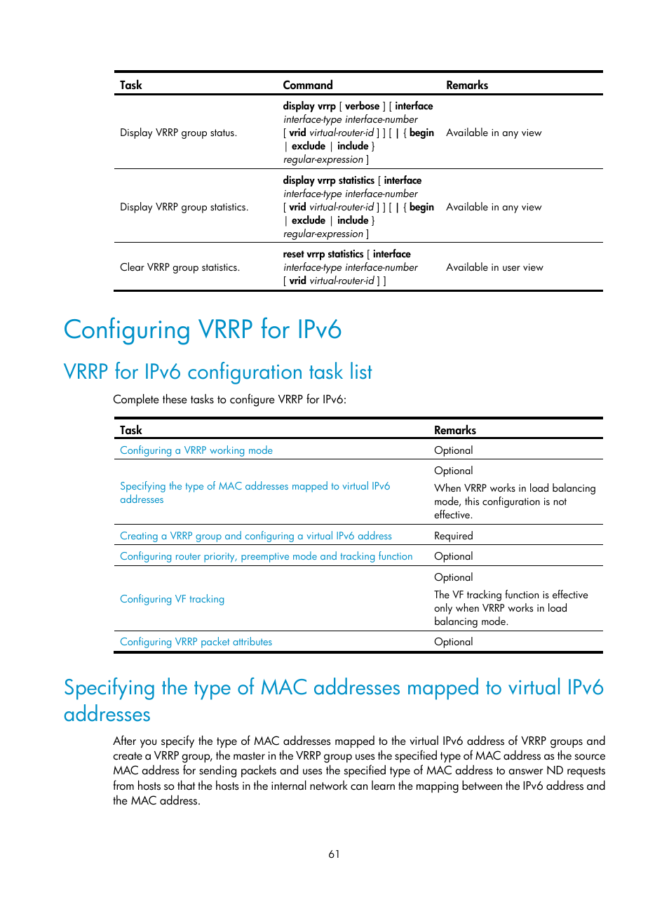 Configuring vrrp for ipv6, Vrrp for ipv6 configuration task list | H3C Technologies H3C SR8800 User Manual | Page 70 / 149