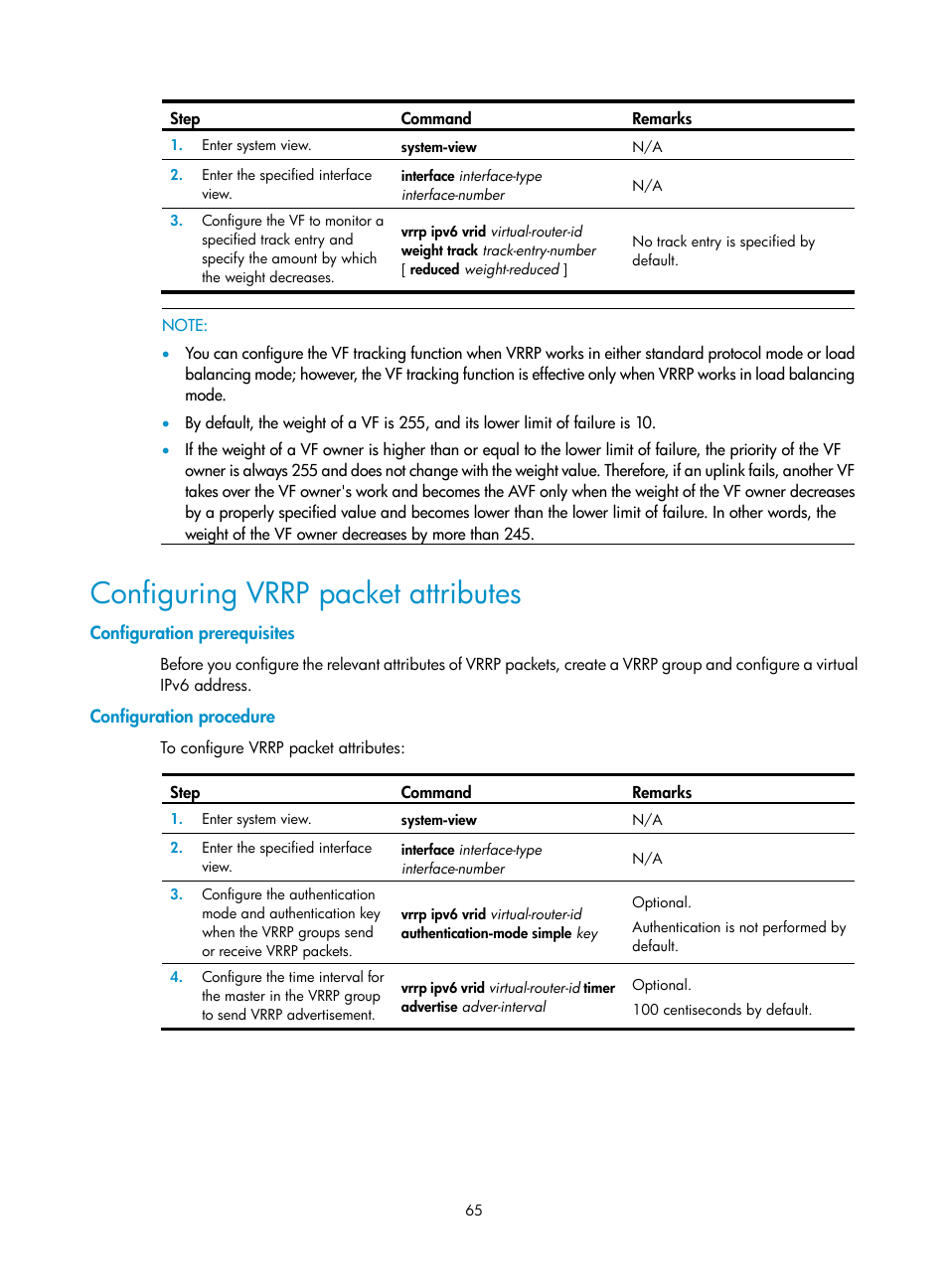 Configuring vrrp packet attributes, Configuration prerequisites, Configuration procedure | H3C Technologies H3C SR8800 User Manual | Page 74 / 149