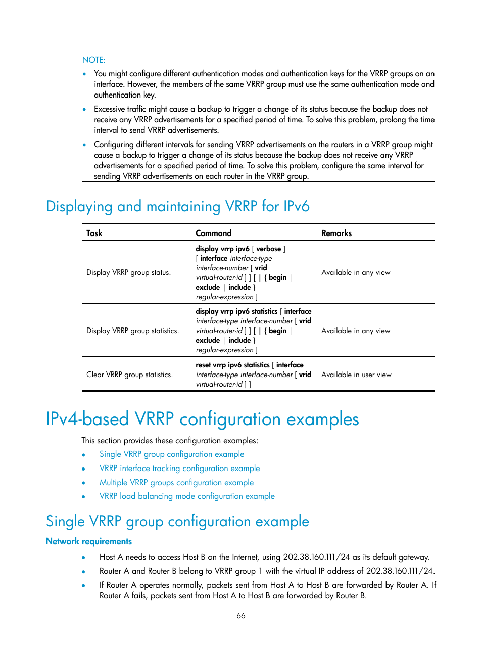 Displaying and maintaining vrrp for ipv6, Ipv4-based vrrp configuration examples, Single vrrp group configuration example | Network requirements | H3C Technologies H3C SR8800 User Manual | Page 75 / 149