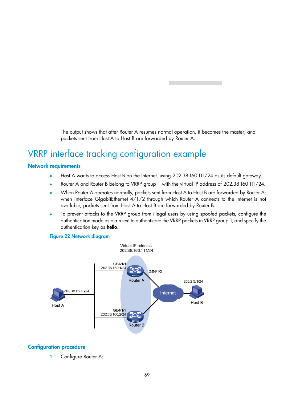 Vrrp interface tracking configuration example, Network requirements, Configuration procedure | H3C Technologies H3C SR8800 User Manual | Page 78 / 149