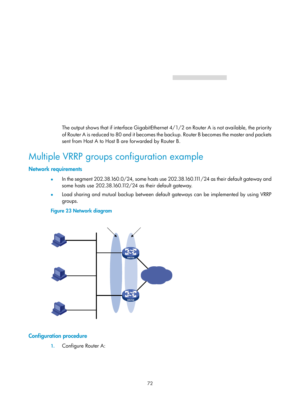 Multiple vrrp groups configuration example, Network requirements, Configuration procedure | H3C Technologies H3C SR8800 User Manual | Page 81 / 149