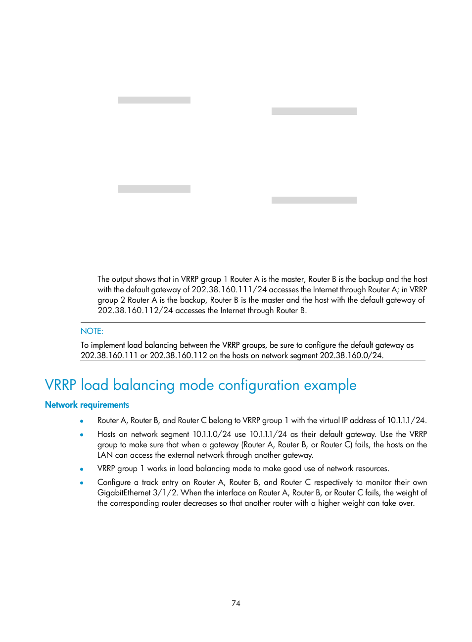 Vrrp load balancing mode configuration example, Network requirements | H3C Technologies H3C SR8800 User Manual | Page 83 / 149