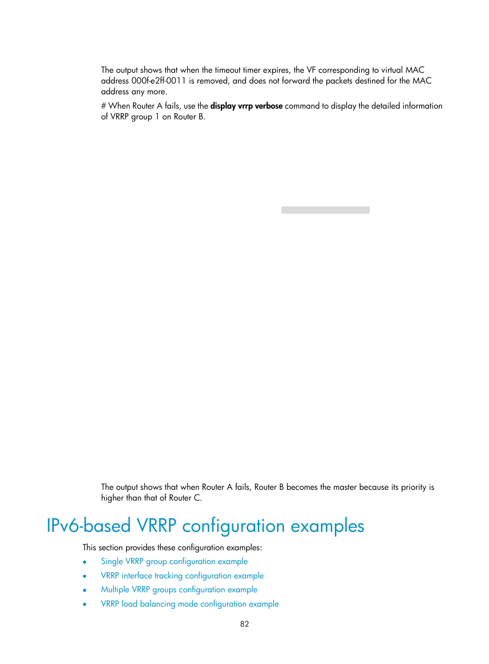 Ipv6-based vrrp configuration examples | H3C Technologies H3C SR8800 User Manual | Page 91 / 149