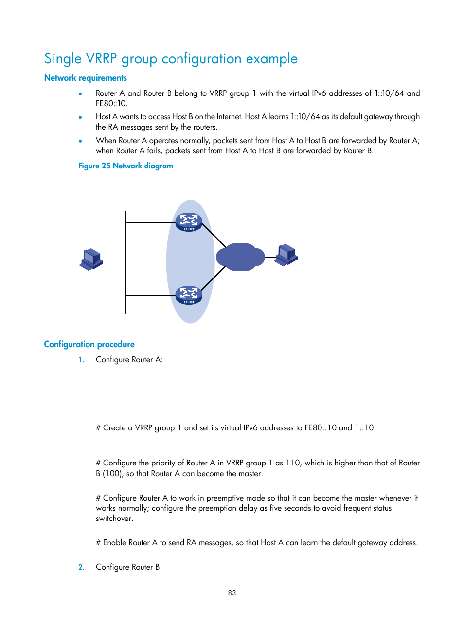 Single vrrp group configuration example, Network requirements, Configuration procedure | H3C Technologies H3C SR8800 User Manual | Page 92 / 149