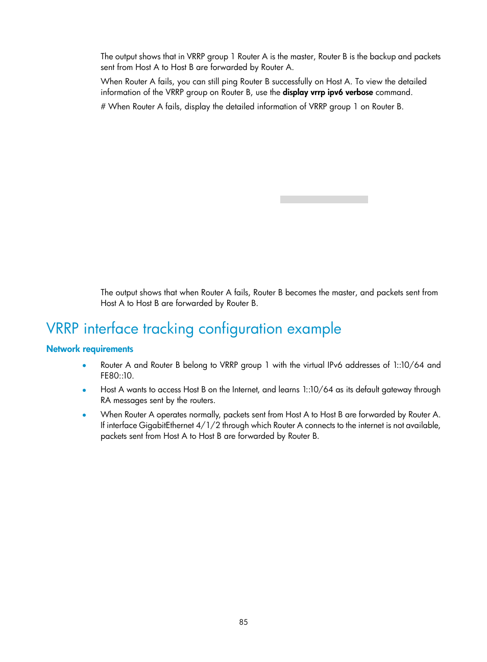 Vrrp interface tracking configuration example, Network requirements | H3C Technologies H3C SR8800 User Manual | Page 94 / 149