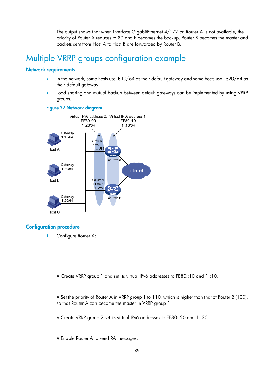 Multiple vrrp groups configuration example, Network requirements, Configuration procedure | H3C Technologies H3C SR8800 User Manual | Page 98 / 149