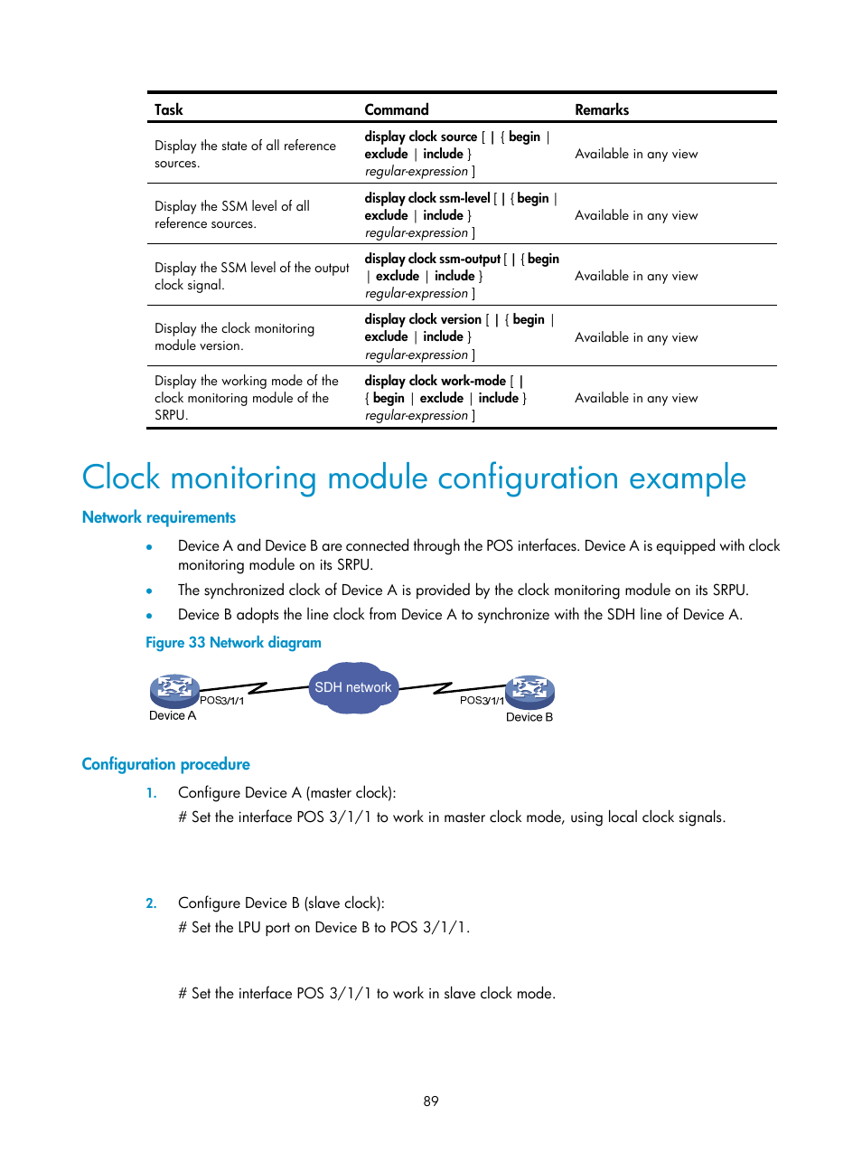 Clock monitoring module configuration example, Network requirements, Configuration procedure | H3C Technologies H3C SR8800 User Manual | Page 101 / 210