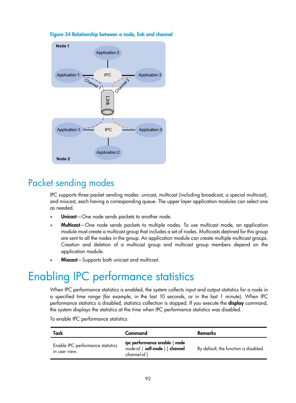 Packet sending modes, Enabling ipc performance statistics | H3C Technologies H3C SR8800 User Manual | Page 104 / 210