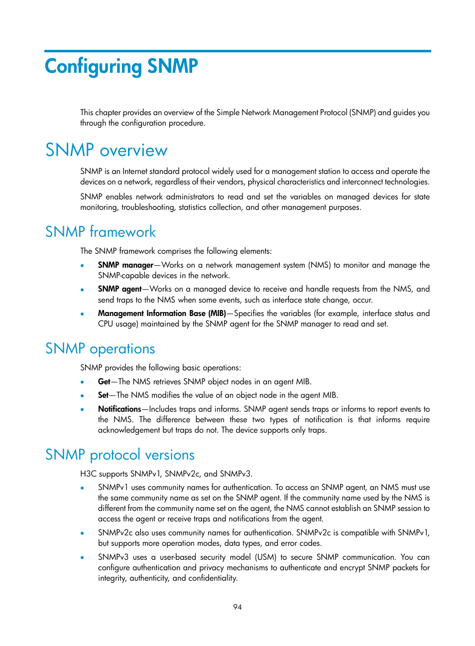 Configuring snmp, Snmp overview, Snmp framework | Snmp operations, Snmp protocol versions | H3C Technologies H3C SR8800 User Manual | Page 106 / 210