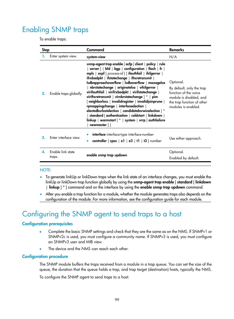 Enabling snmp traps, Configuring the snmp agent to send traps to a host, Configuration prerequisites | Configuration procedure | H3C Technologies H3C SR8800 User Manual | Page 111 / 210
