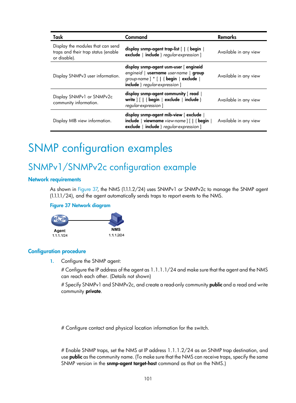 Snmp configuration examples, Snmpv1/snmpv2c configuration example, Network requirements | Configuration procedure | H3C Technologies H3C SR8800 User Manual | Page 113 / 210