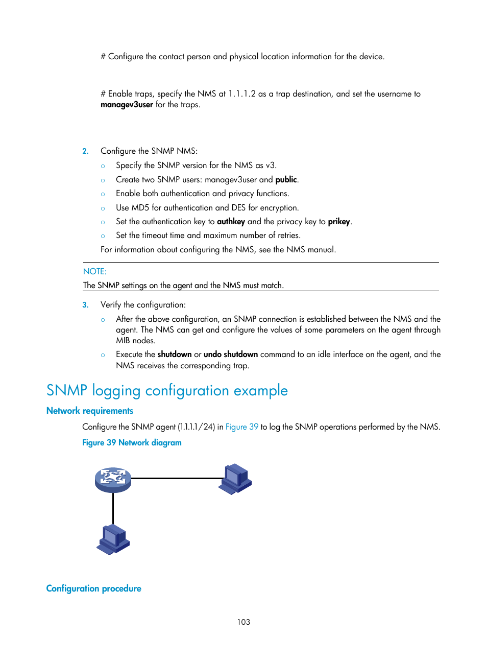 Snmp logging configuration example, Network requirements, Configuration procedure | H3C Technologies H3C SR8800 User Manual | Page 115 / 210