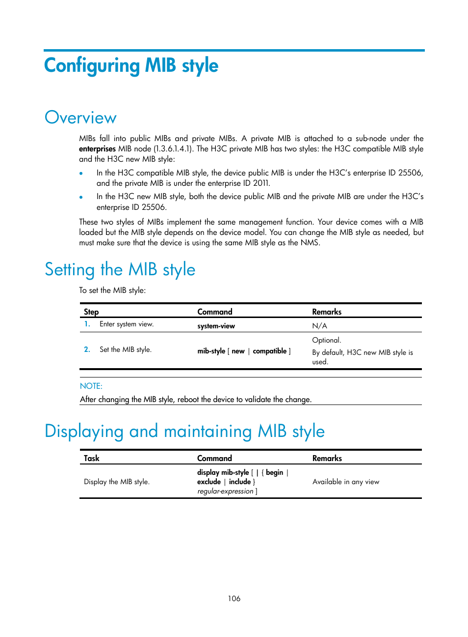 Configuring mib style, Overview, Setting the mib style | Displaying and maintaining mib style | H3C Technologies H3C SR8800 User Manual | Page 118 / 210