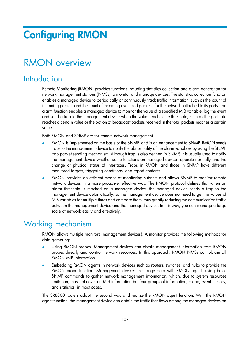 Configuring rmon, Rmon overview, Introduction | Working mechanism | H3C Technologies H3C SR8800 User Manual | Page 119 / 210