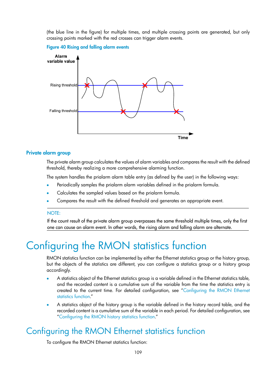 Private alarm group, Configuring the rmon statistics function, Configuring the rmon ethernet statistics function | H3C Technologies H3C SR8800 User Manual | Page 121 / 210